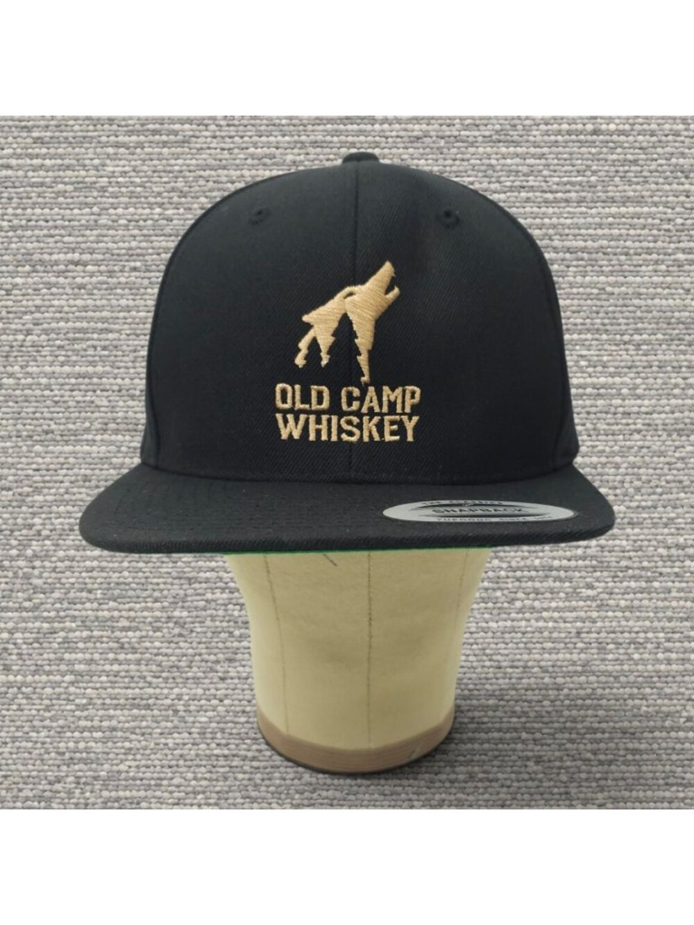 Old Camp Whiskey Snapback Hat Black Gold Howling Wolf Flat Bill Cap NWOT Yupoong